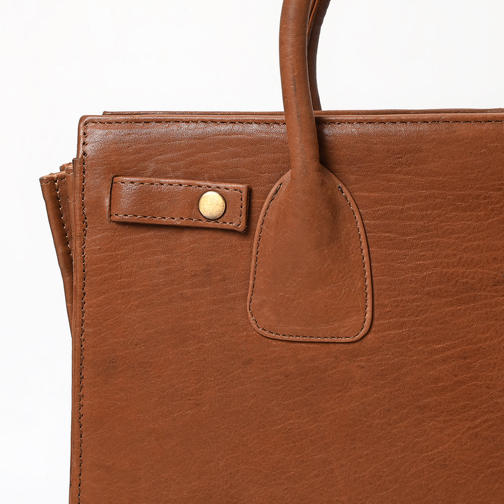 ADBGM383 Structured Brown Leather Tote Bag - Western Minimalist Handbag for Everyday or Office Use