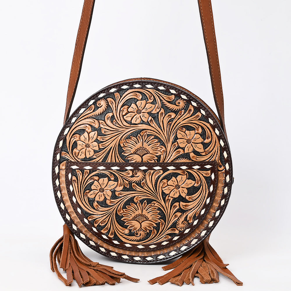 ADBGA517 American Darling Canteen Bag Hand Tooled Round Genuine Leather Crossbody with Tassels