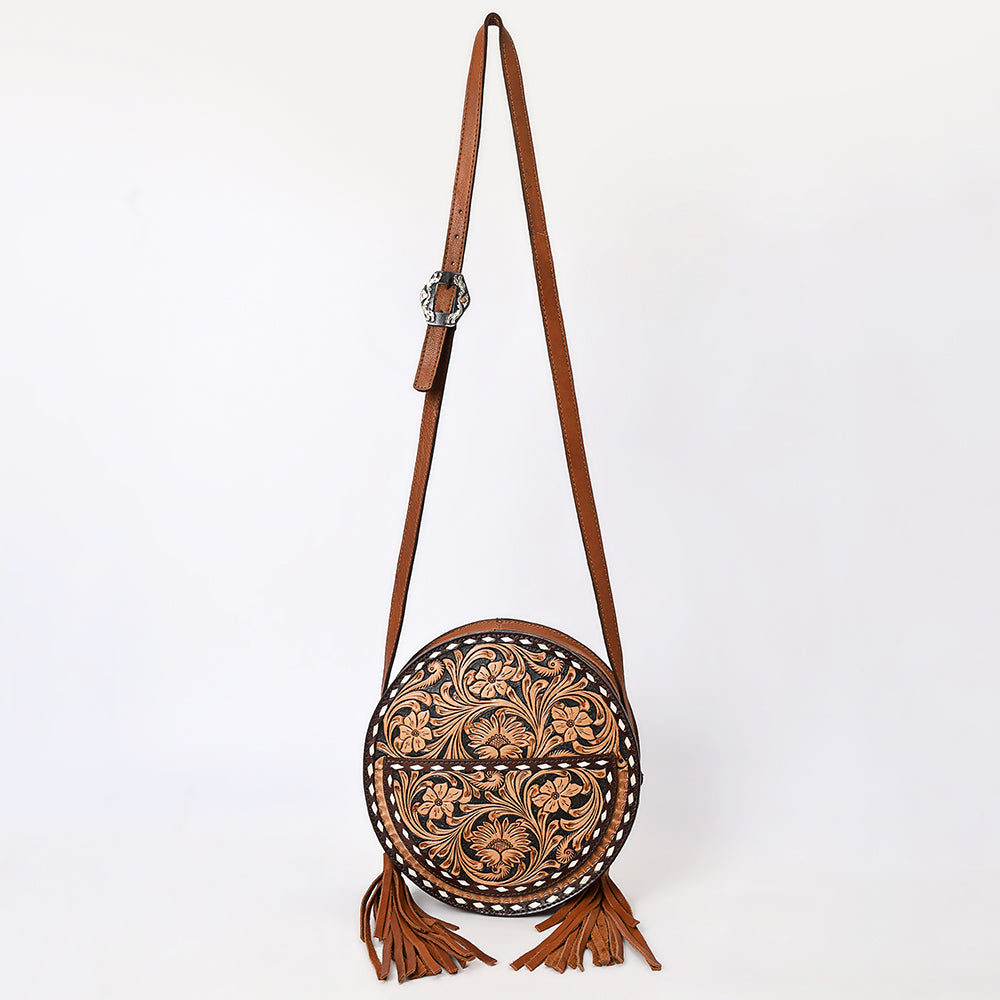 ADBGA517 American Darling Canteen Bag Hand Tooled Round Genuine Leather Crossbody with Tassels
