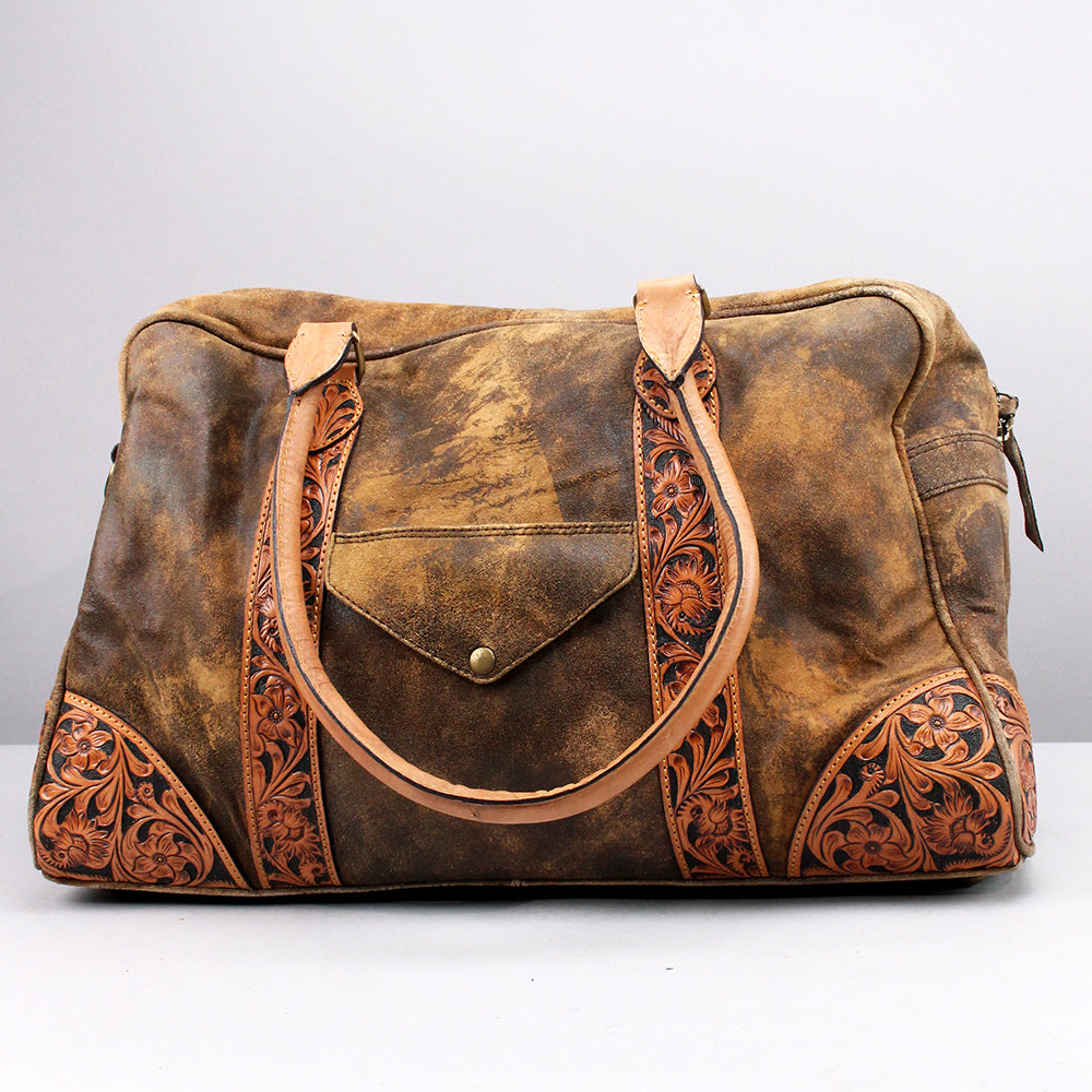 ADBGA521 Distressed Leather Duffel Bag with Hand-Tooled Floral Accents Western Weekender