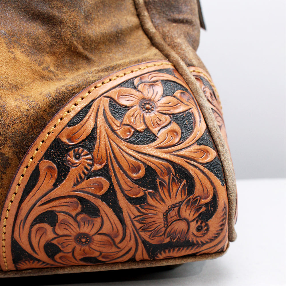 ADBGA521 Distressed Leather Duffel Bag with Hand-Tooled Floral Accents Western Weekender