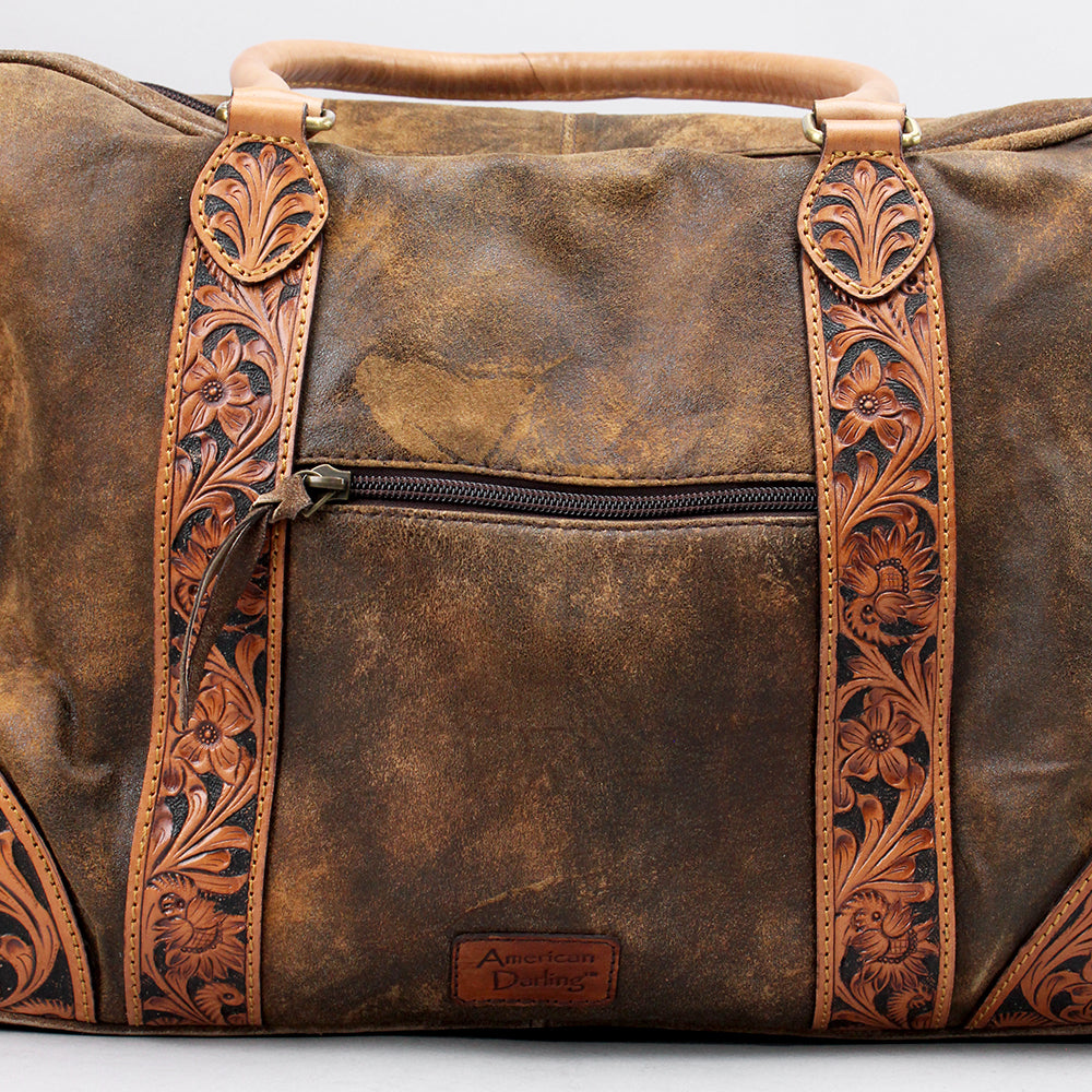 ADBGA521 Distressed Leather Duffel Bag with Hand-Tooled Floral Accents Western Weekender