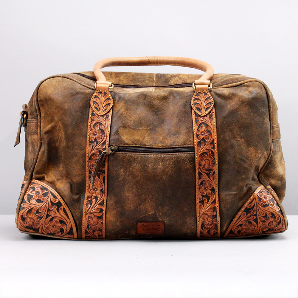ADBGA521 Distressed Leather Duffel Bag with Hand-Tooled Floral Accents Western Weekender