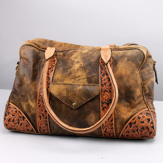 ADBGA521 Distressed Leather Duffel Bag with Hand-Tooled Floral Accents Western Weekender