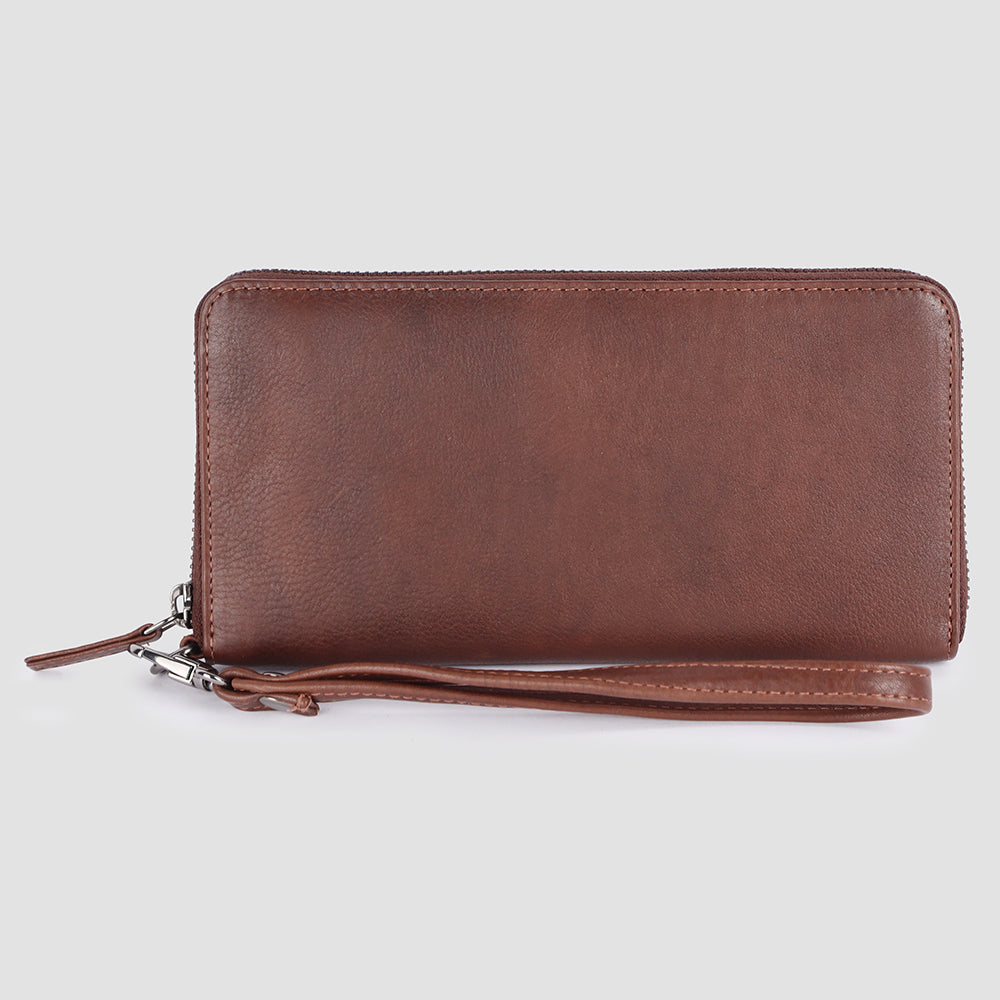 ADBGM394 Saddle Brown Zip-Around Leather Wallet Wristlet - American Darling