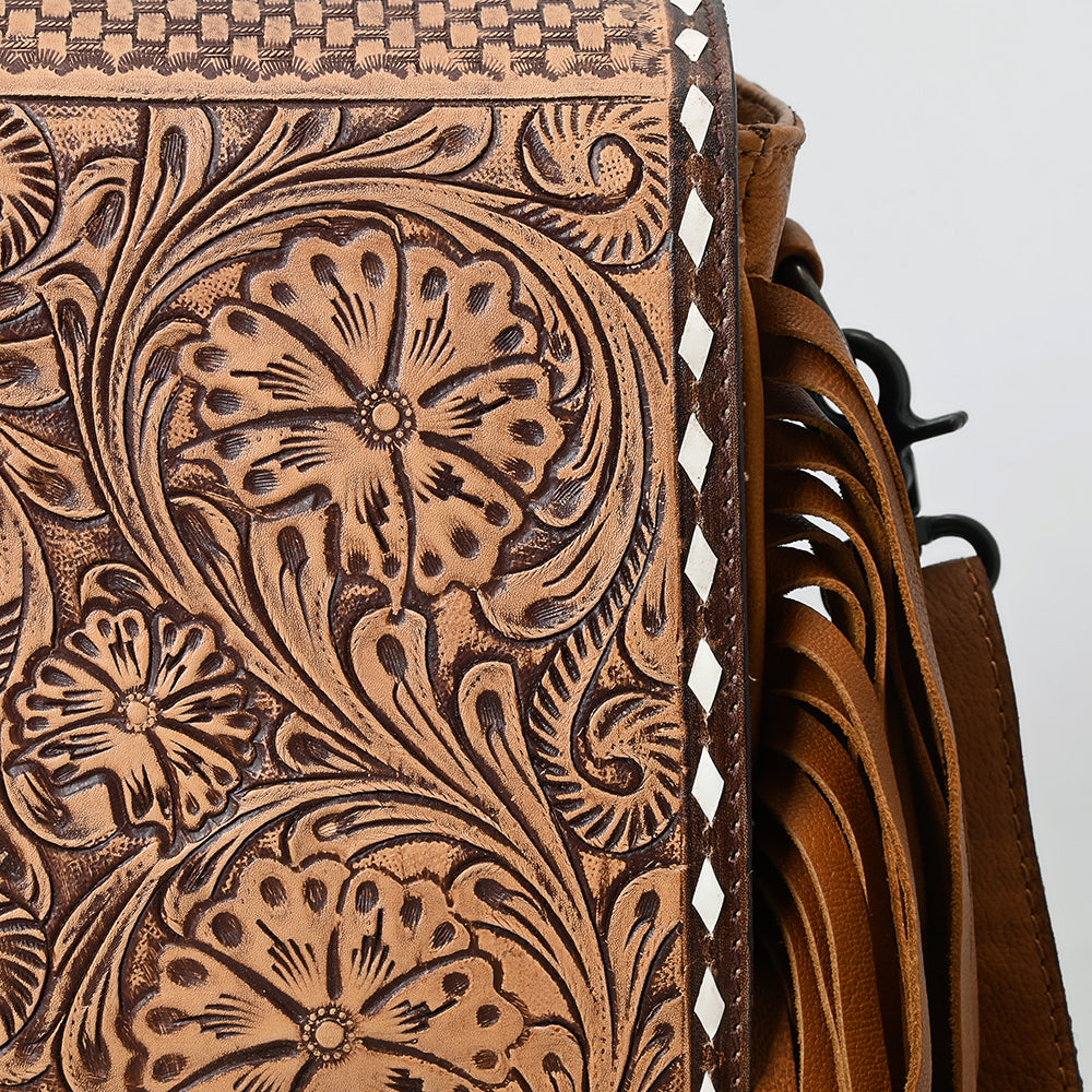 ADBGZ800 Hand-Tooled Leather Fringe Backpack Bag - Western Floral Crossbody in Saddle Tan