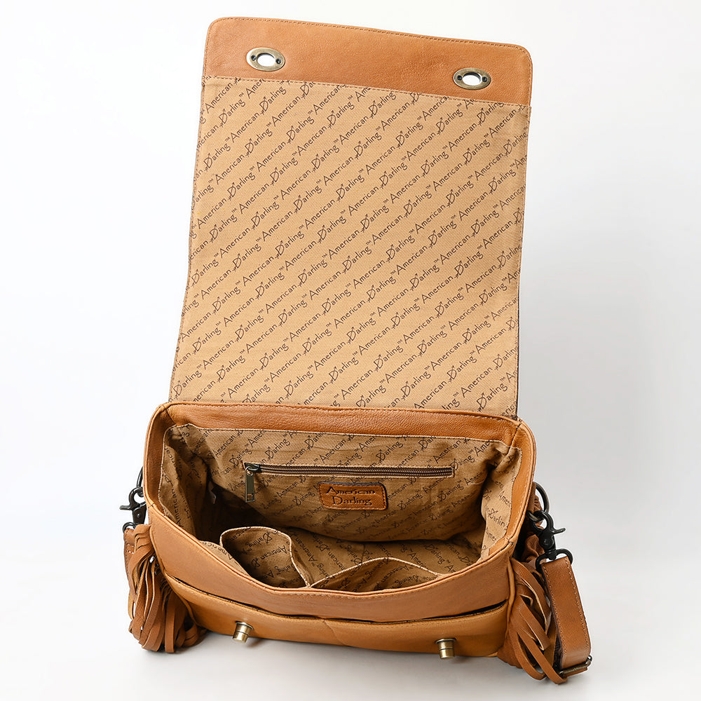 ADBGZ800 Hand-Tooled Leather Fringe Backpack Bag - Western Floral Crossbody in Saddle Tan