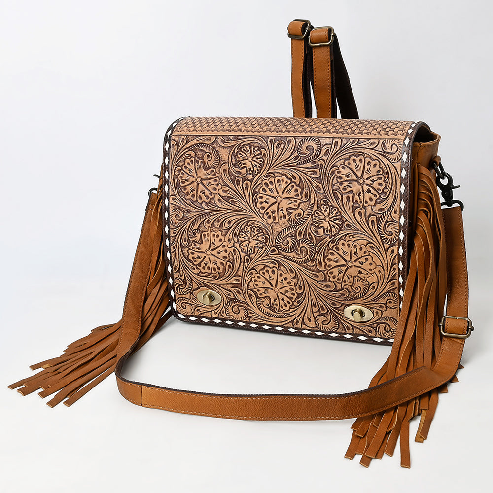 ADBGZ800 Hand-Tooled Leather Fringe Backpack Bag - Western Floral Crossbody in Saddle Tan