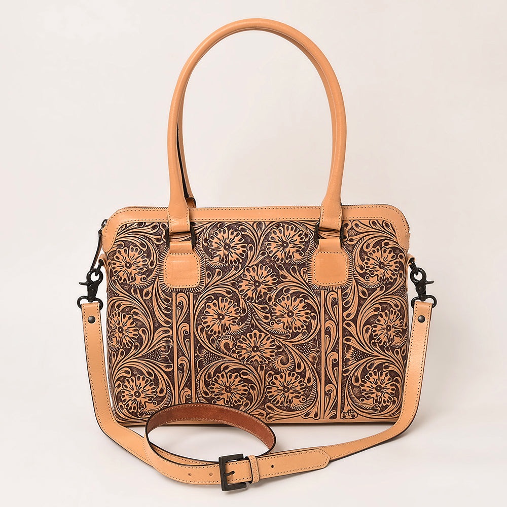 LC-ADBGZ801 Hand-Tooled Leather Tote Satchel - Western Floral Laptop Bag in Natural Tan