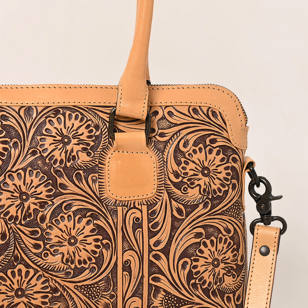 LC-ADBGZ801 Hand-Tooled Leather Tote Satchel - Western Floral Laptop Bag in Natural Tan