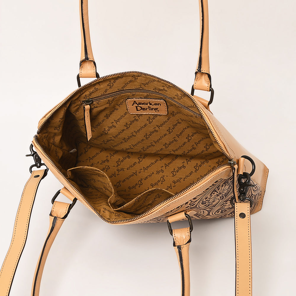 LC-ADBGZ801 Hand-Tooled Leather Tote Satchel - Western Floral Laptop Bag in Natural Tan