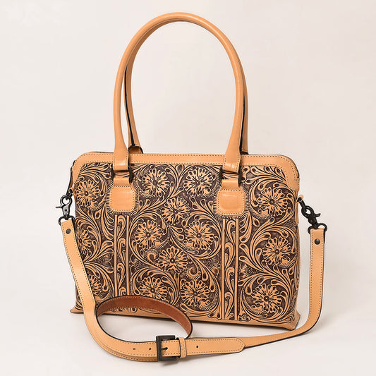 LC-ADBGZ801 Hand-Tooled Leather Tote Satchel - Western Floral Laptop Bag in Natural Tan