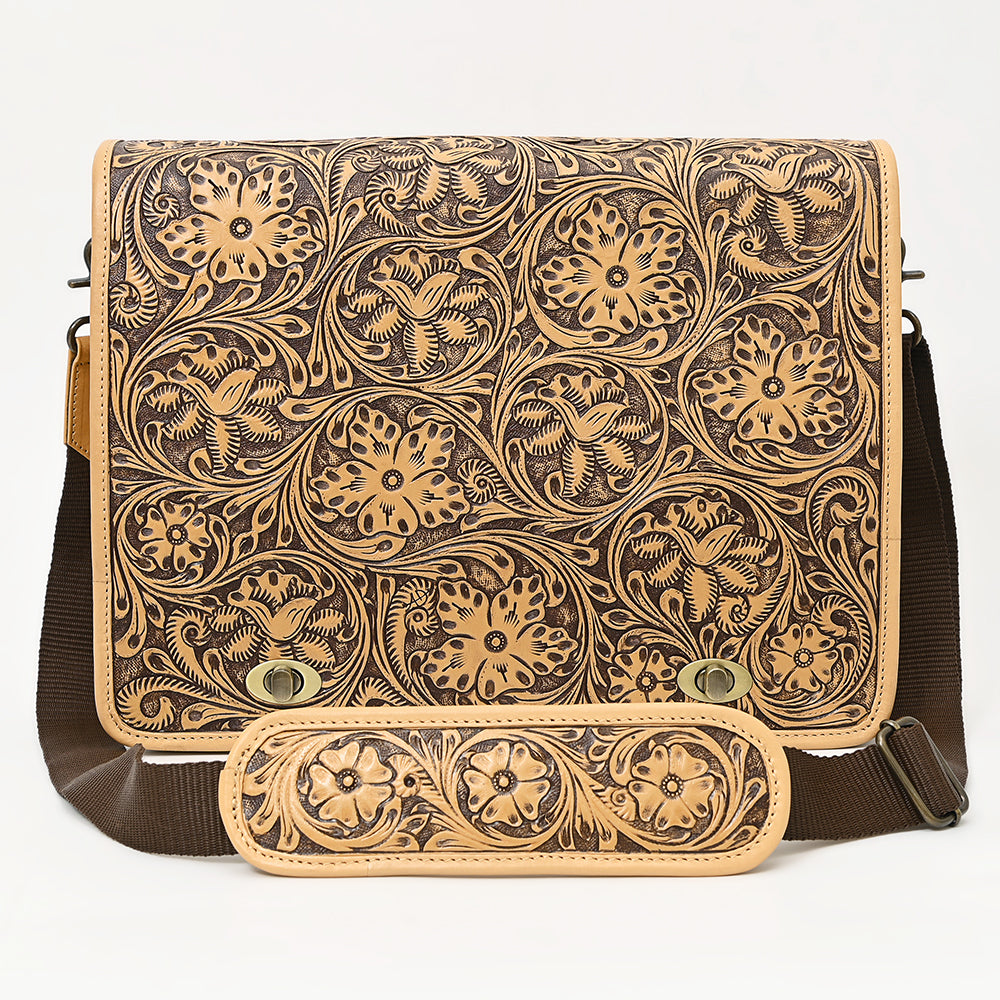 LC-ADBGZ802 Hand-Tooled Leather Messenger Bag - Western Floral Messenger with Padded Strap