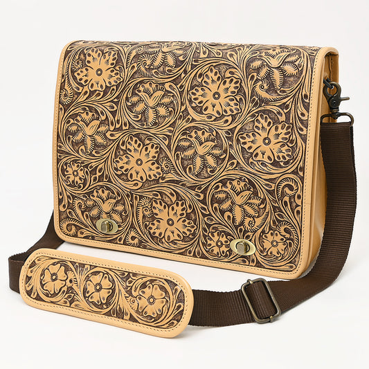 LC-ADBGZ802 Hand-Tooled Leather Messenger Bag - Western Floral Messenger with Padded Strap