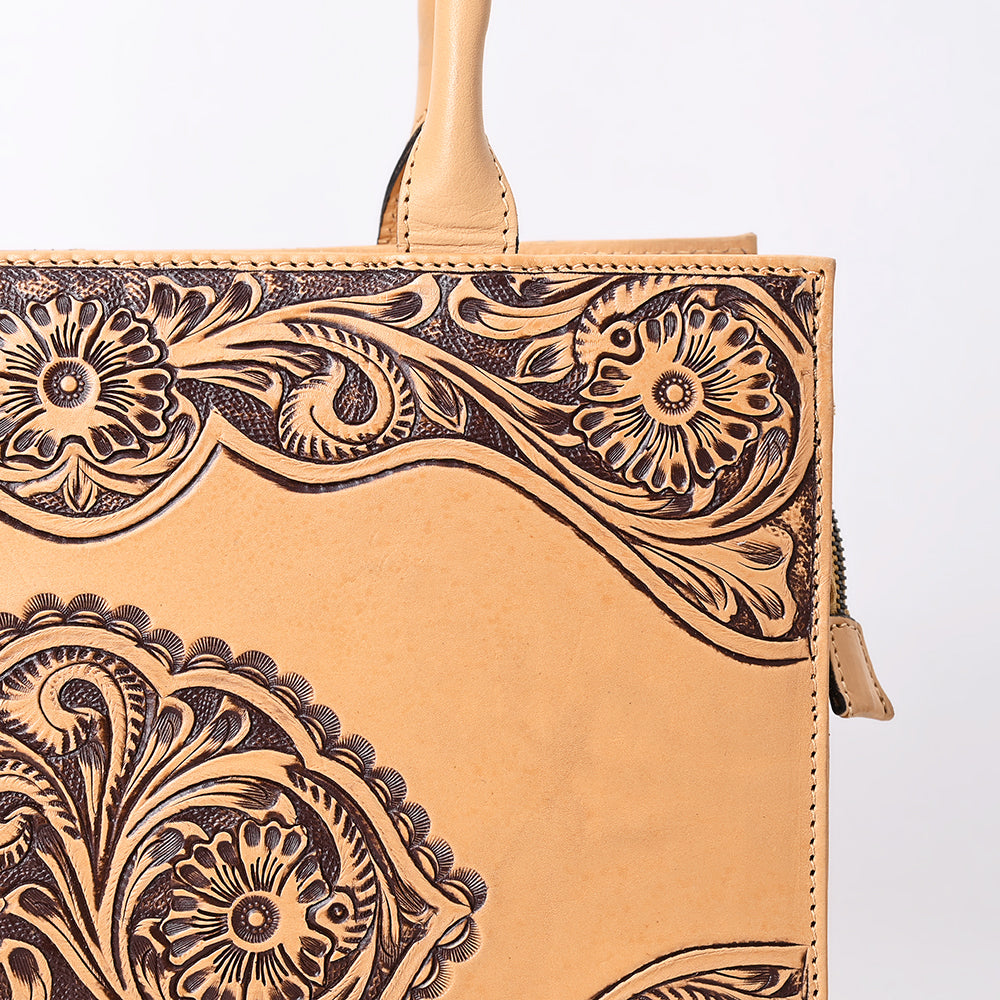 ADBGZ803 Hand-Tooled Leather Tote Bag - Western Medallion Floral Design in Natural Tan