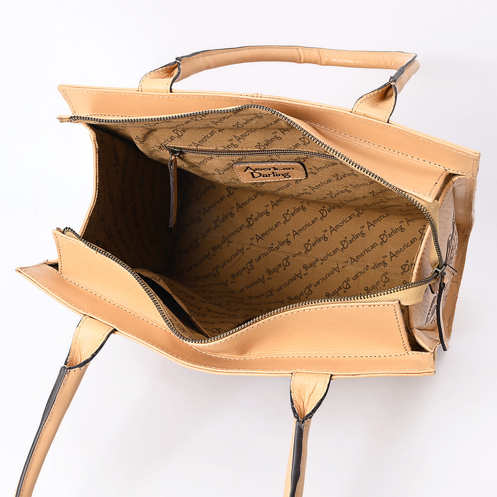 ADBGZ803 Hand-Tooled Leather Tote Bag - Western Medallion Floral Design in Natural Tan