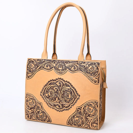 ADBGZ803 Hand-Tooled Leather Tote Bag - Western Medallion Floral Design in Natural Tan