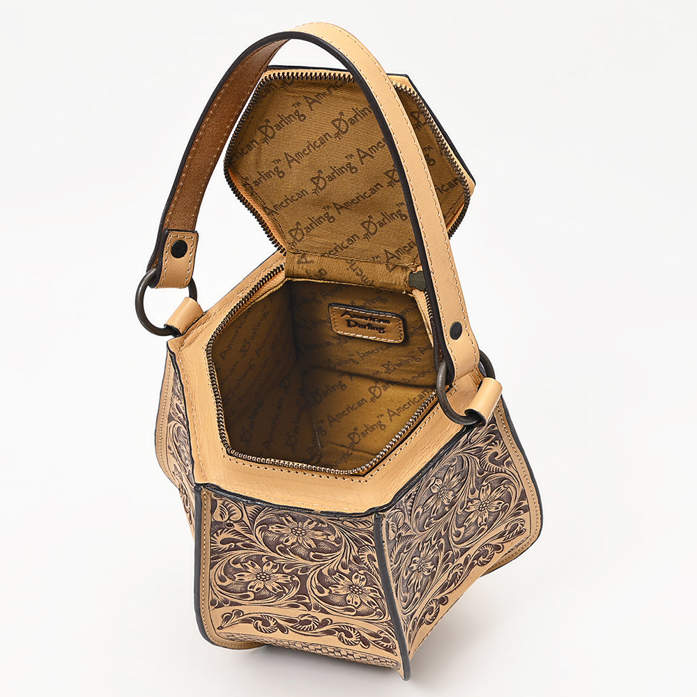 LC-ADBGZ804 Hexagon Hand-Tooled Leather Tote Bag - Western Floral Artisan Purse in Natural Tan