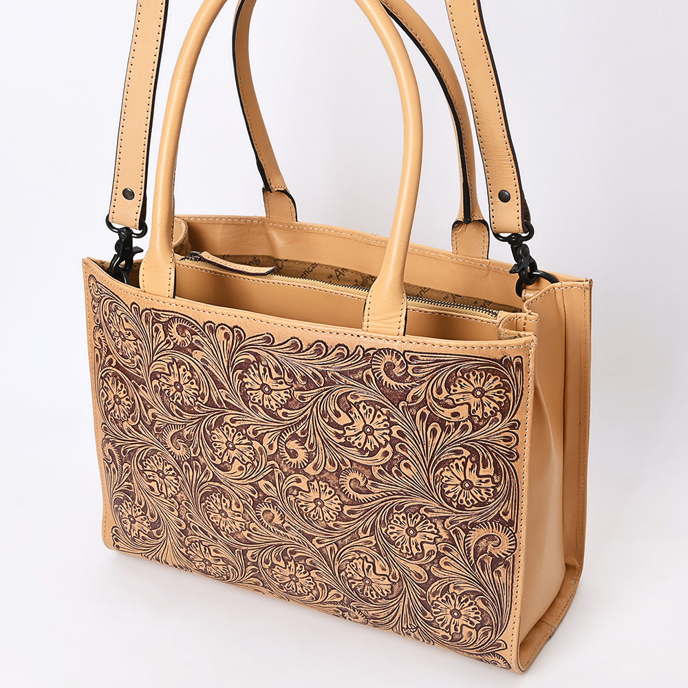 LC-ADBGZ805 Hand-Tooled Leather Satchel Tote - Western Floral Design with Crossbody Strap in Natural Tan
