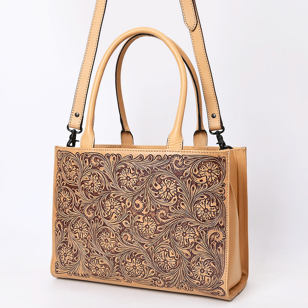LC-ADBGZ805 Hand-Tooled Leather Satchel Tote - Western Floral Design with Crossbody Strap in Natural Tan