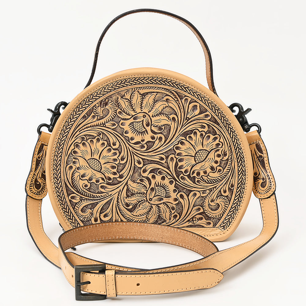 ADBGZ809 Round Hand-Tooled Leather Canteen Bag - Western Floral Circle Purse in Natural Tan
