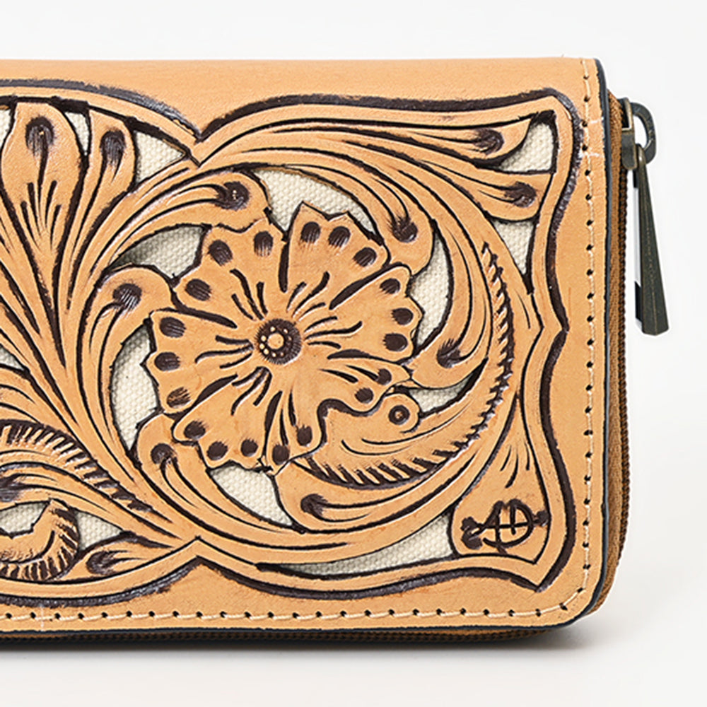 ADBGZ810 Hand-Tooled Leather Wallet - Western Floral Zip Wallet with Inlay