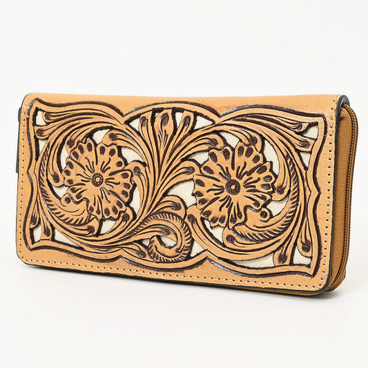 ADBGZ810 Hand-Tooled Leather Wallet - Western Floral Zip Wallet with Inlay
