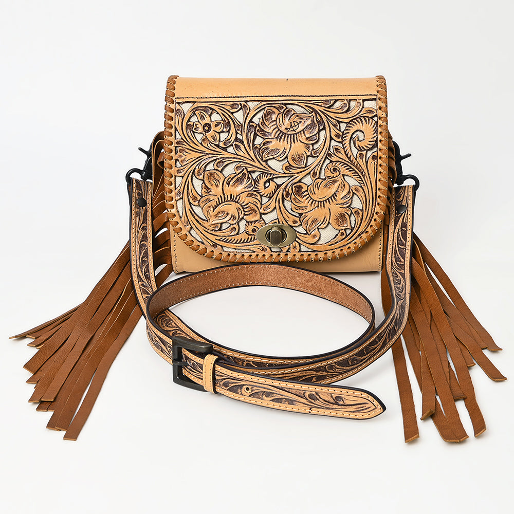ADBGZ811 Hand-Tooled Mini Crossbody Bag - Western Floral Inlay with Fringe & Tooled Strap