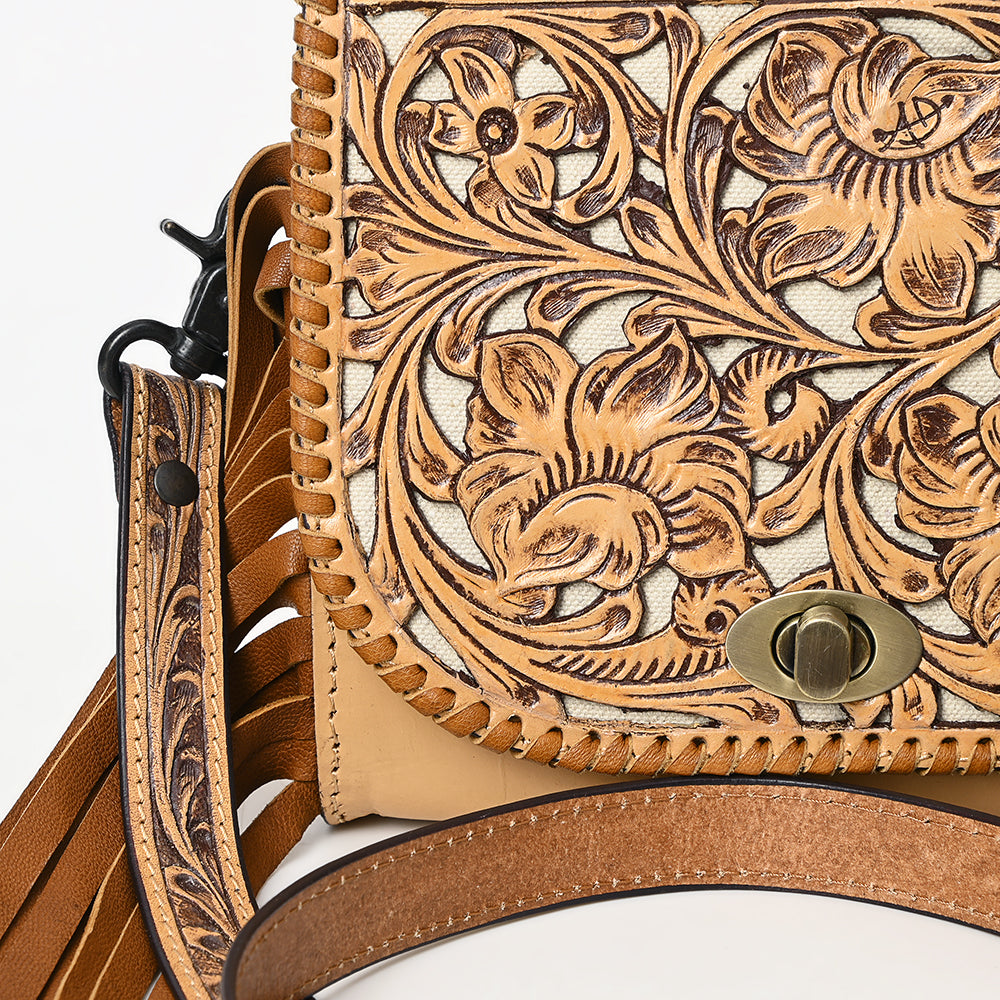 ADBGZ811 Hand-Tooled Mini Crossbody Bag - Western Floral Inlay with Fringe & Tooled Strap