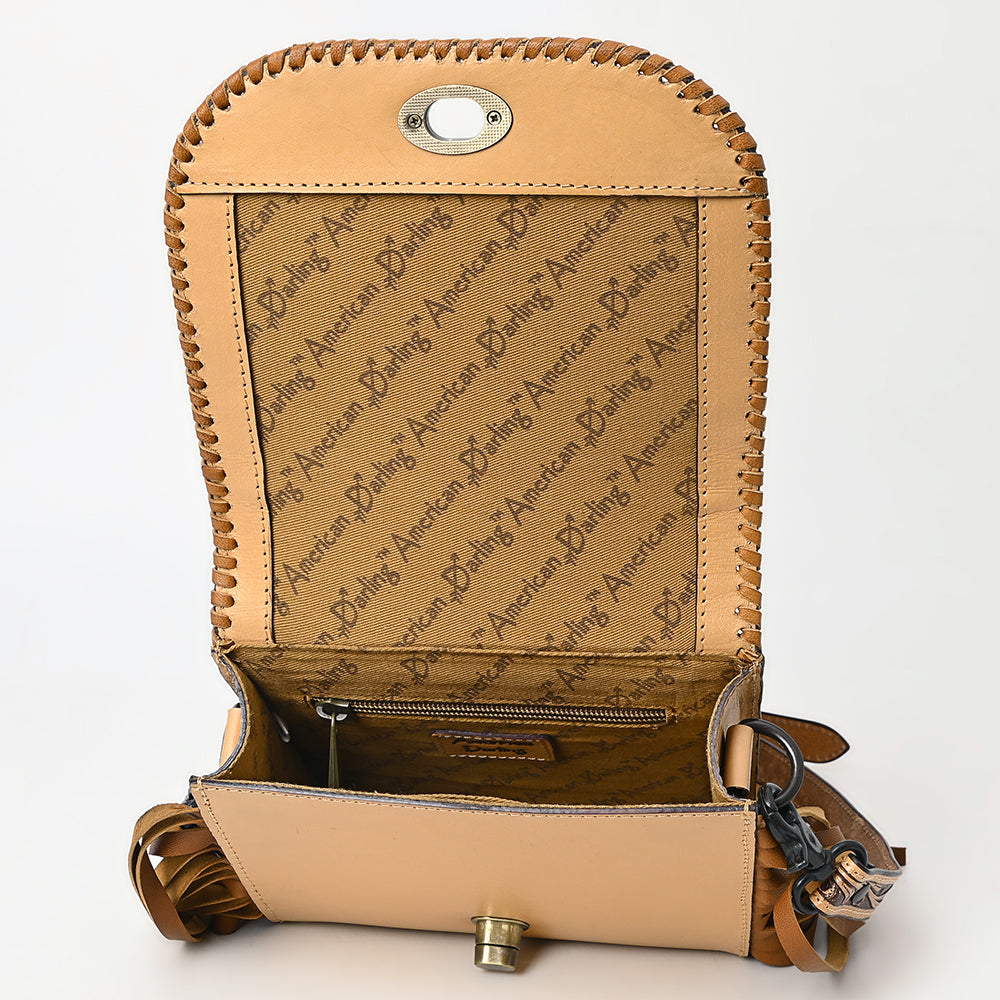 ADBGZ811 Hand-Tooled Mini Crossbody Bag - Western Floral Inlay with Fringe & Tooled Strap