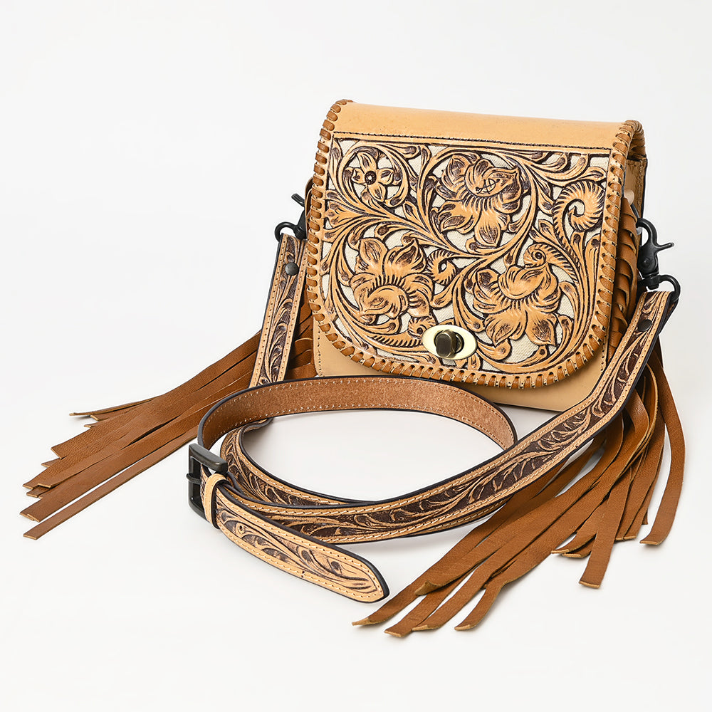 ADBGZ811 Hand-Tooled Mini Crossbody Bag - Western Floral Inlay with Fringe & Tooled Strap