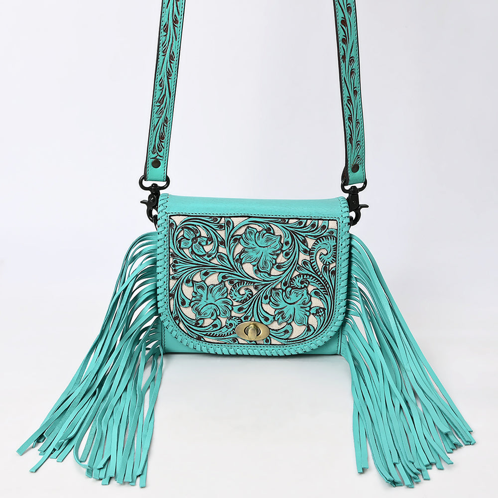 ADBGZ811 Hand-Tooled Mini Crossbody Bag - Western Floral Inlay with Fringe & Tooled Strap
