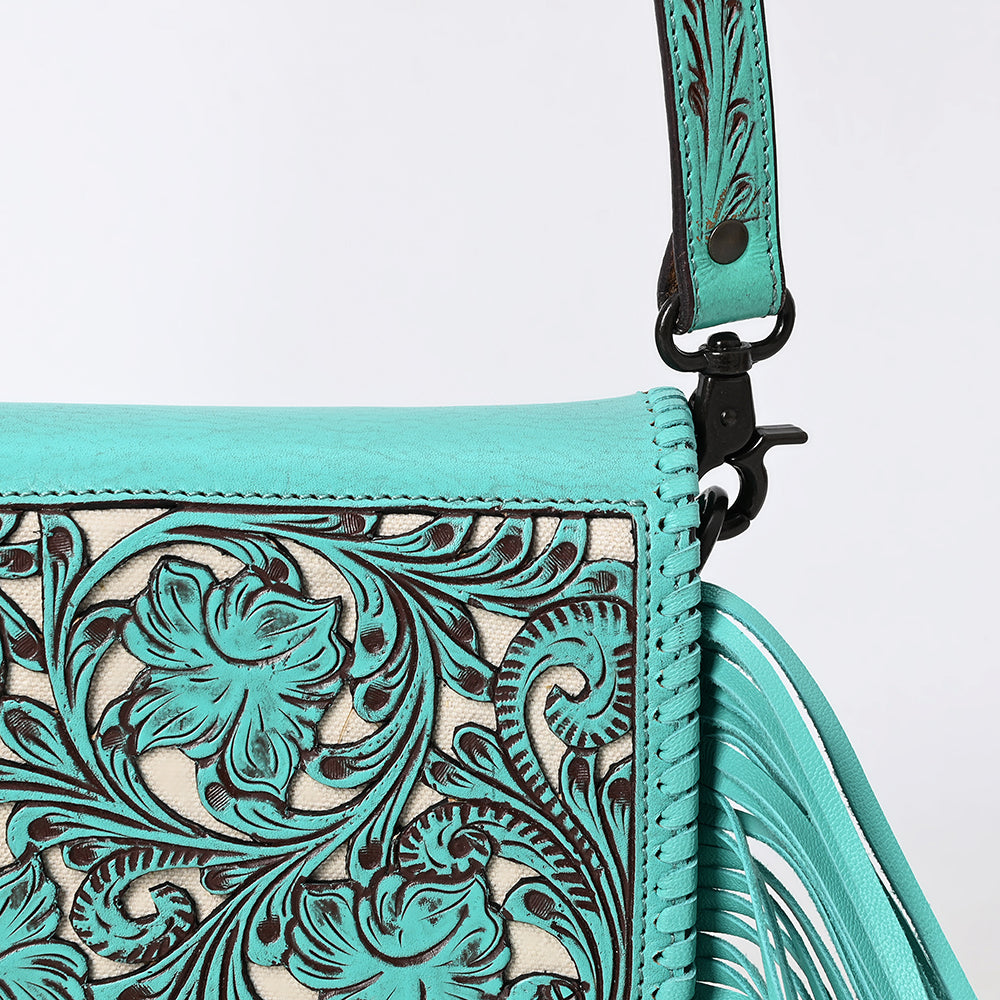 ADBGZ811 Hand-Tooled Mini Crossbody Bag - Western Floral Inlay with Fringe & Tooled Strap