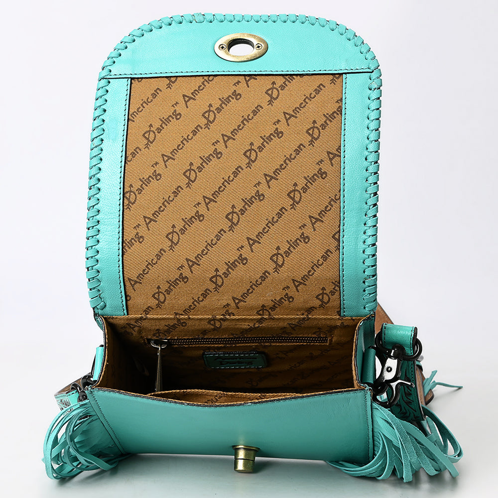 ADBGZ811 Hand-Tooled Mini Crossbody Bag - Western Floral Inlay with Fringe & Tooled Strap