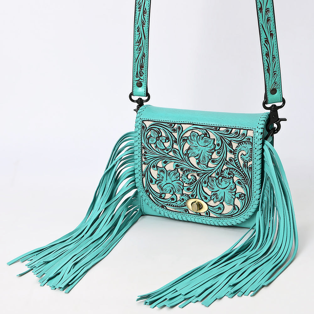 ADBGZ811 Hand-Tooled Mini Crossbody Bag - Western Floral Inlay with Fringe & Tooled Strap