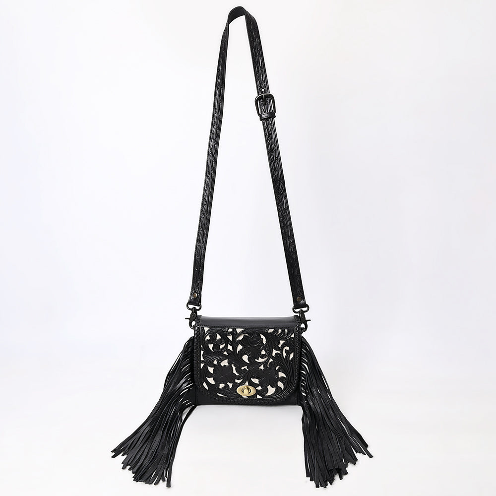 ADBGZ811C Black Hand-Tooled Mini Crossbody Bag - Western Floral Fringe Purse with Cream Inlay