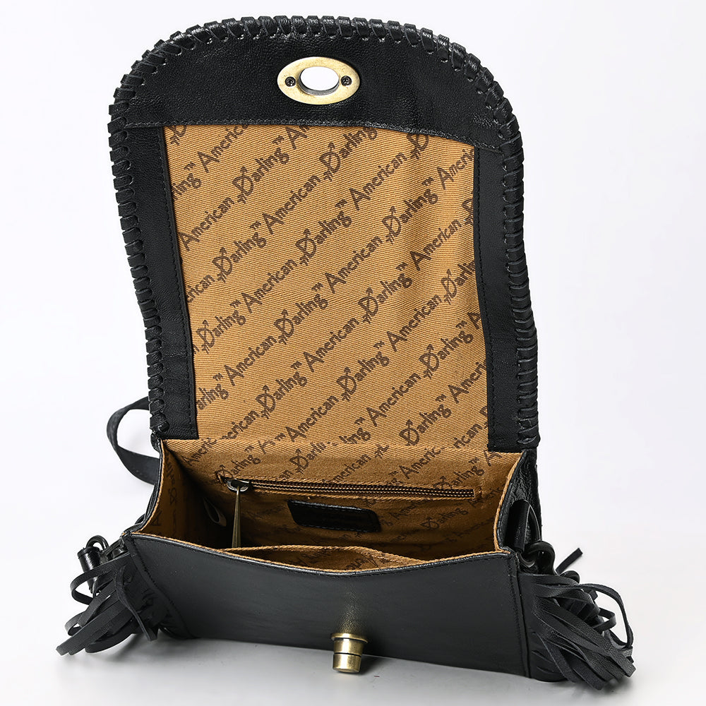 ADBGZ811C Black Hand-Tooled Mini Crossbody Bag - Western Floral Fringe Purse with Cream Inlay