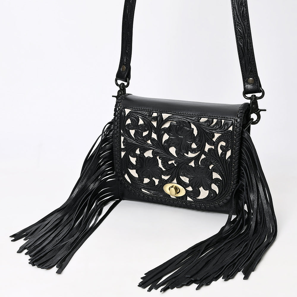 ADBGZ811C Black Hand-Tooled Mini Crossbody Bag - Western Floral Fringe Purse with Cream Inlay