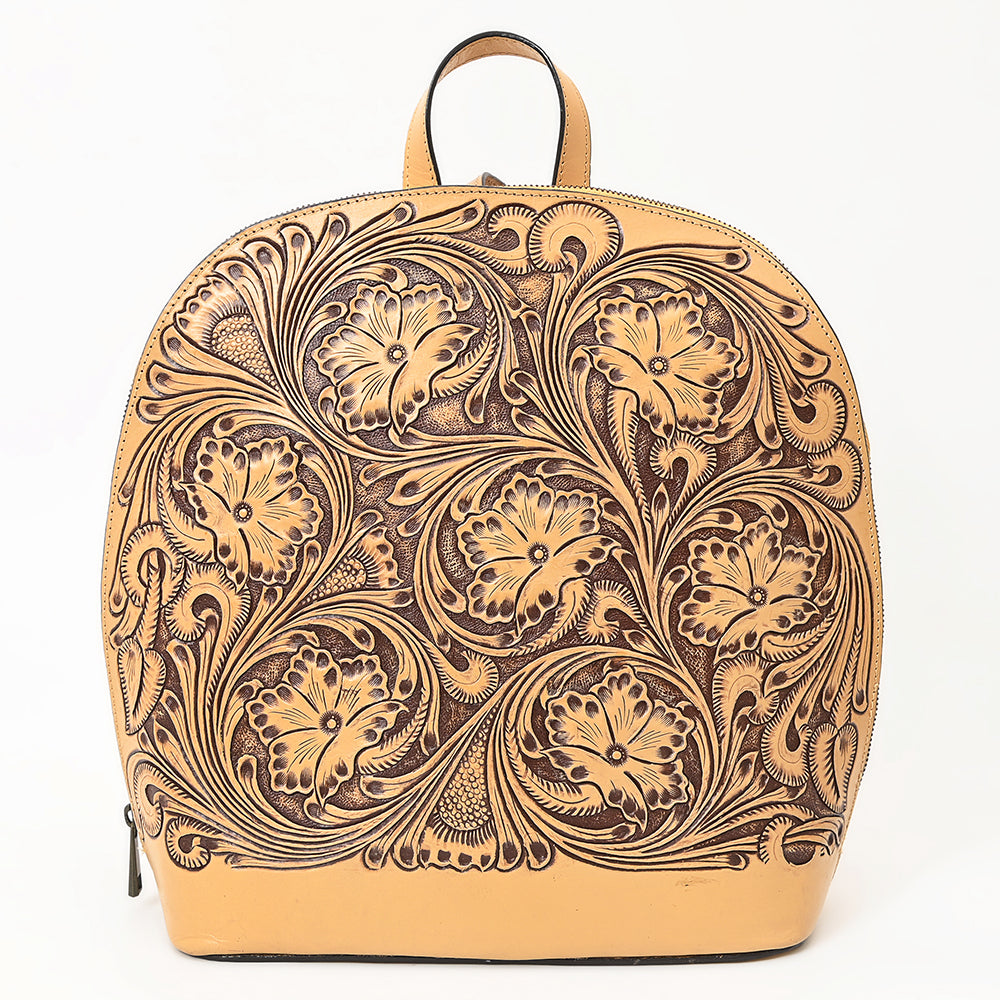 ADBGZ813 Hand-Tooled Leather Backpack - Western Floral Design in Natural Tan