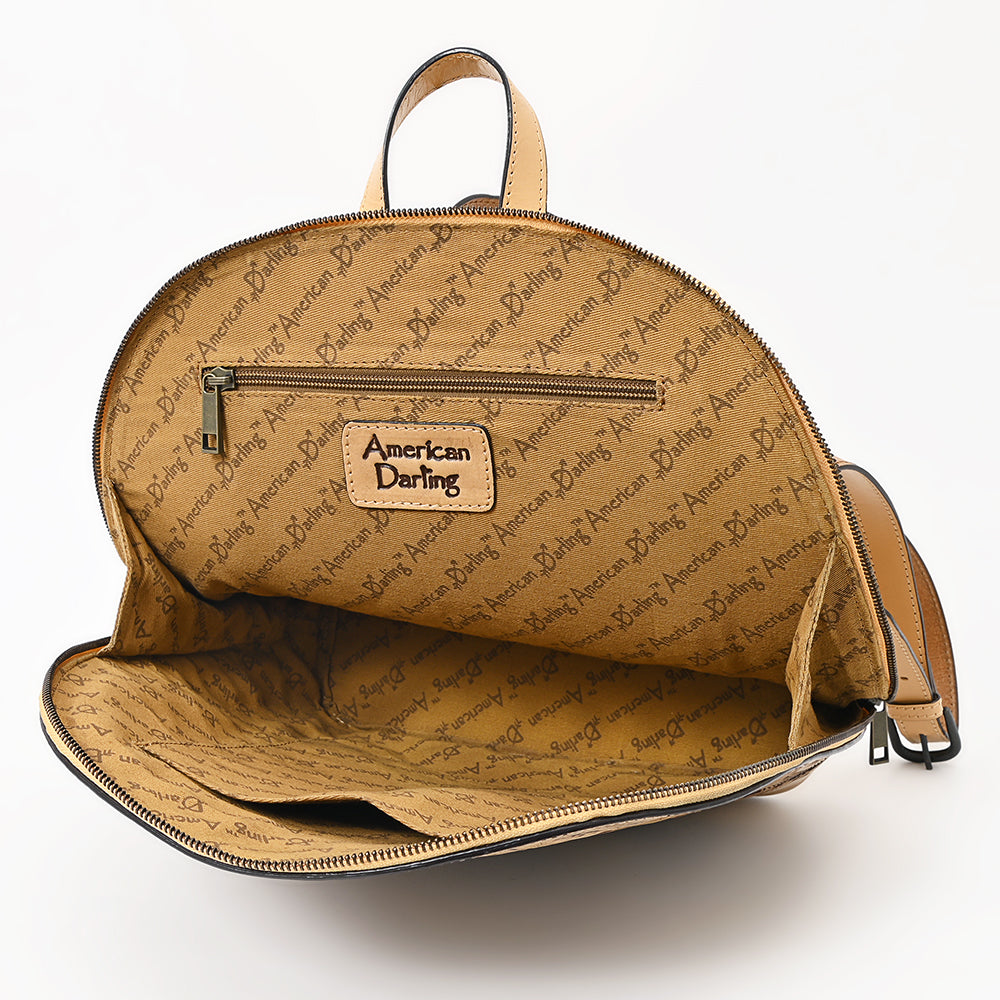 ADBGZ813 Hand-Tooled Leather Backpack - Western Floral Design in Natural Tan