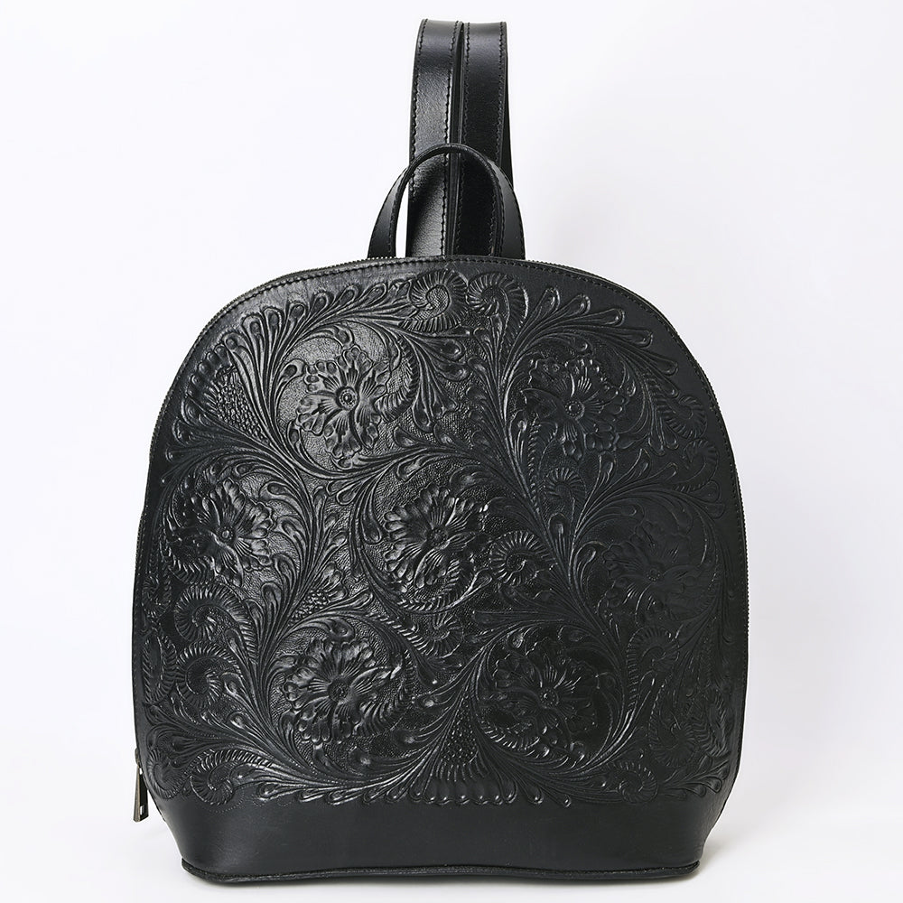 ADBGZ814 Black Hand-Tooled Leather Backpack - Western Floral Carved Daypack