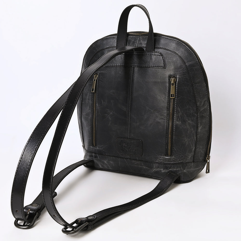 ADBGZ814 Black Hand-Tooled Leather Backpack - Western Floral Carved Daypack