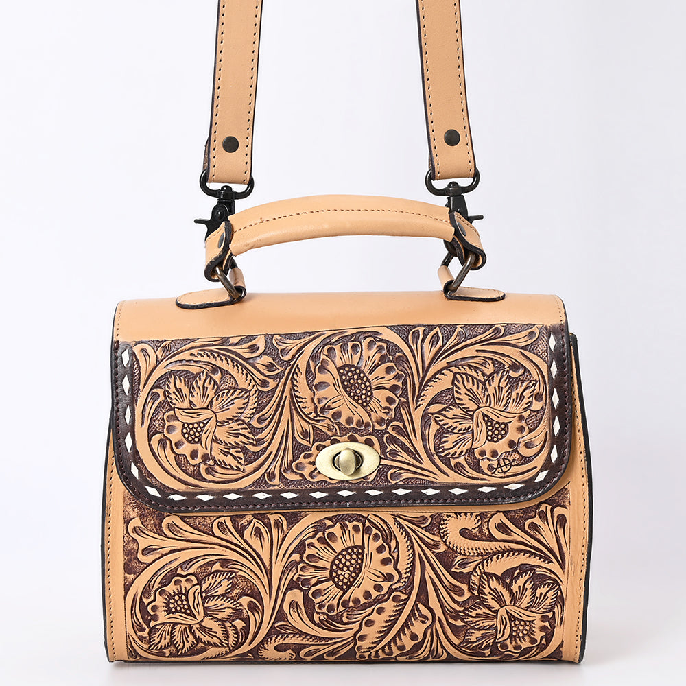 LC-ADBGZ815 Hand-Tooled Leather Top Handle Tote Bag - Western Floral Flap Purse with Strap in Natural Tan
