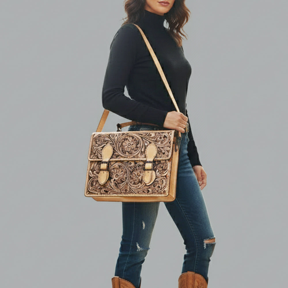 ADBGZ816 Western Leather Briefcase Bag - Hand-Tooled Floral Buckle Strap Purse in Natural Tan