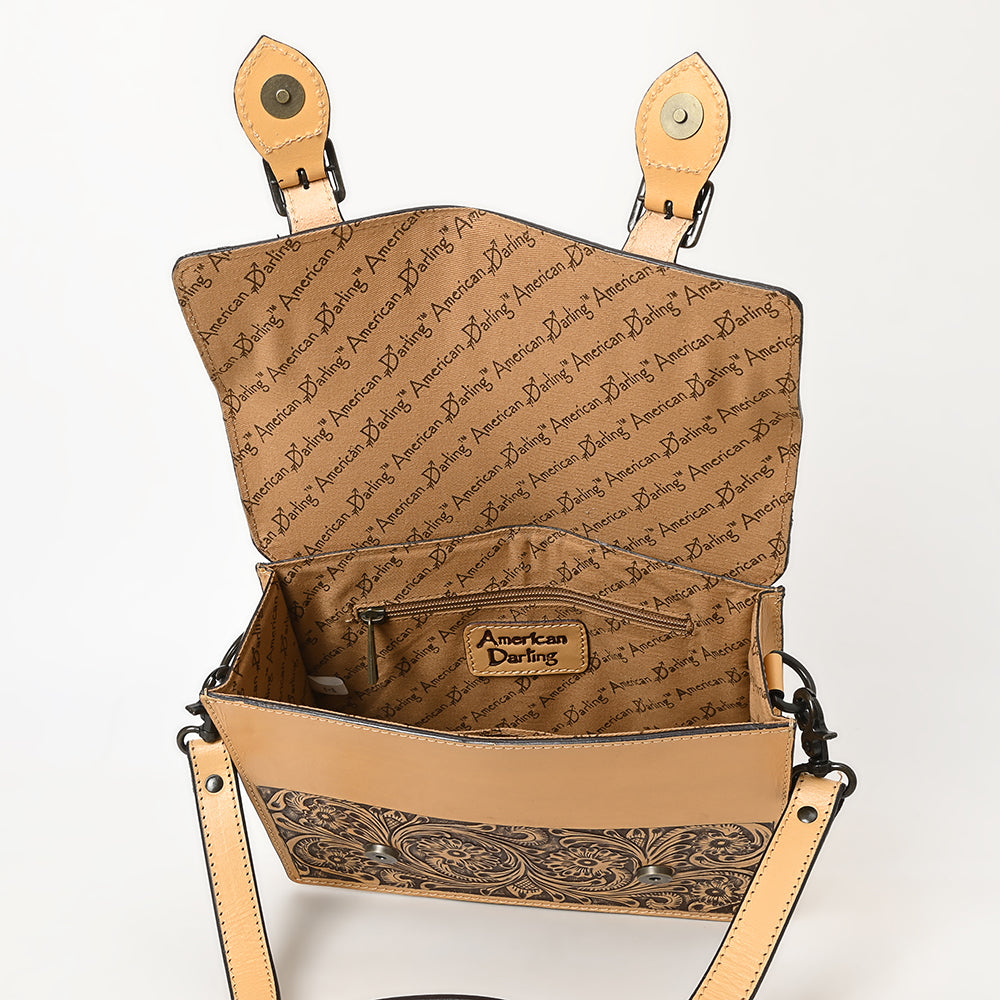 ADBGZ816 Western Leather Briefcase Bag - Hand-Tooled Floral Buckle Strap Purse in Natural Tan