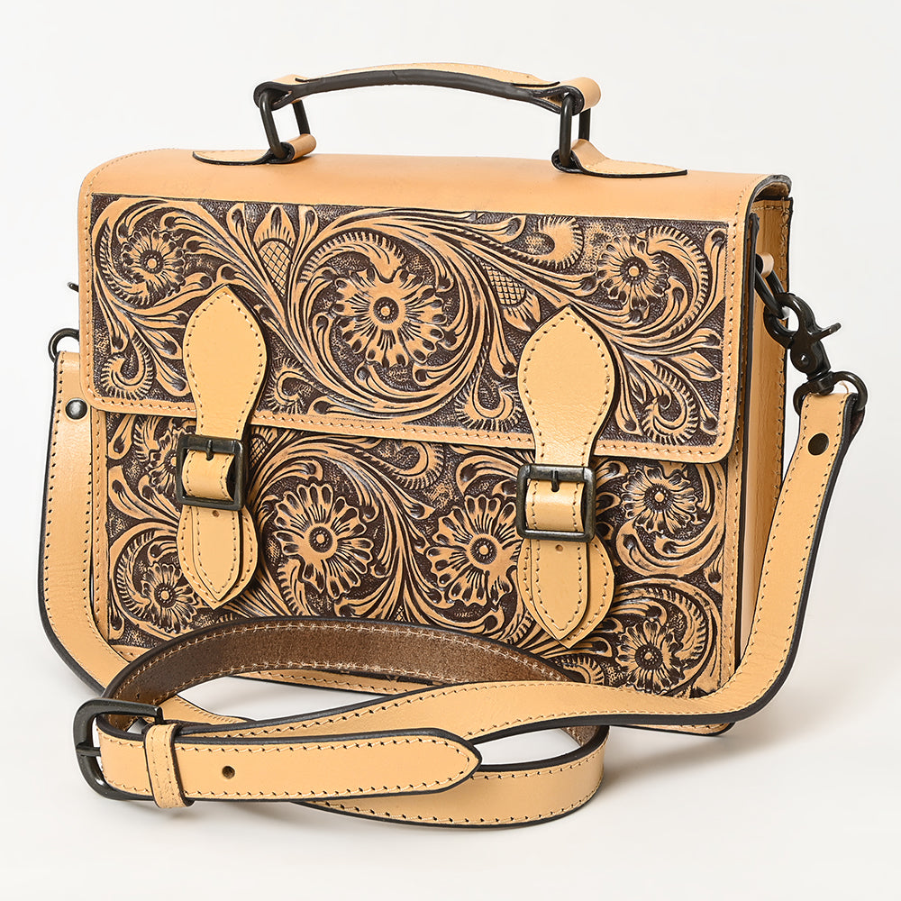 ADBGZ816 Western Leather Briefcase Bag - Hand-Tooled Floral Buckle Strap Purse in Natural Tan