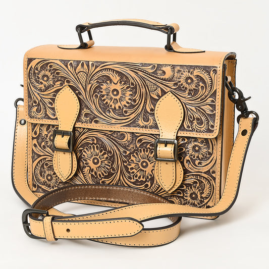 ADBGZ816 Western Leather Briefcase Bag - Hand-Tooled Floral Buckle Strap Purse in Natural Tan