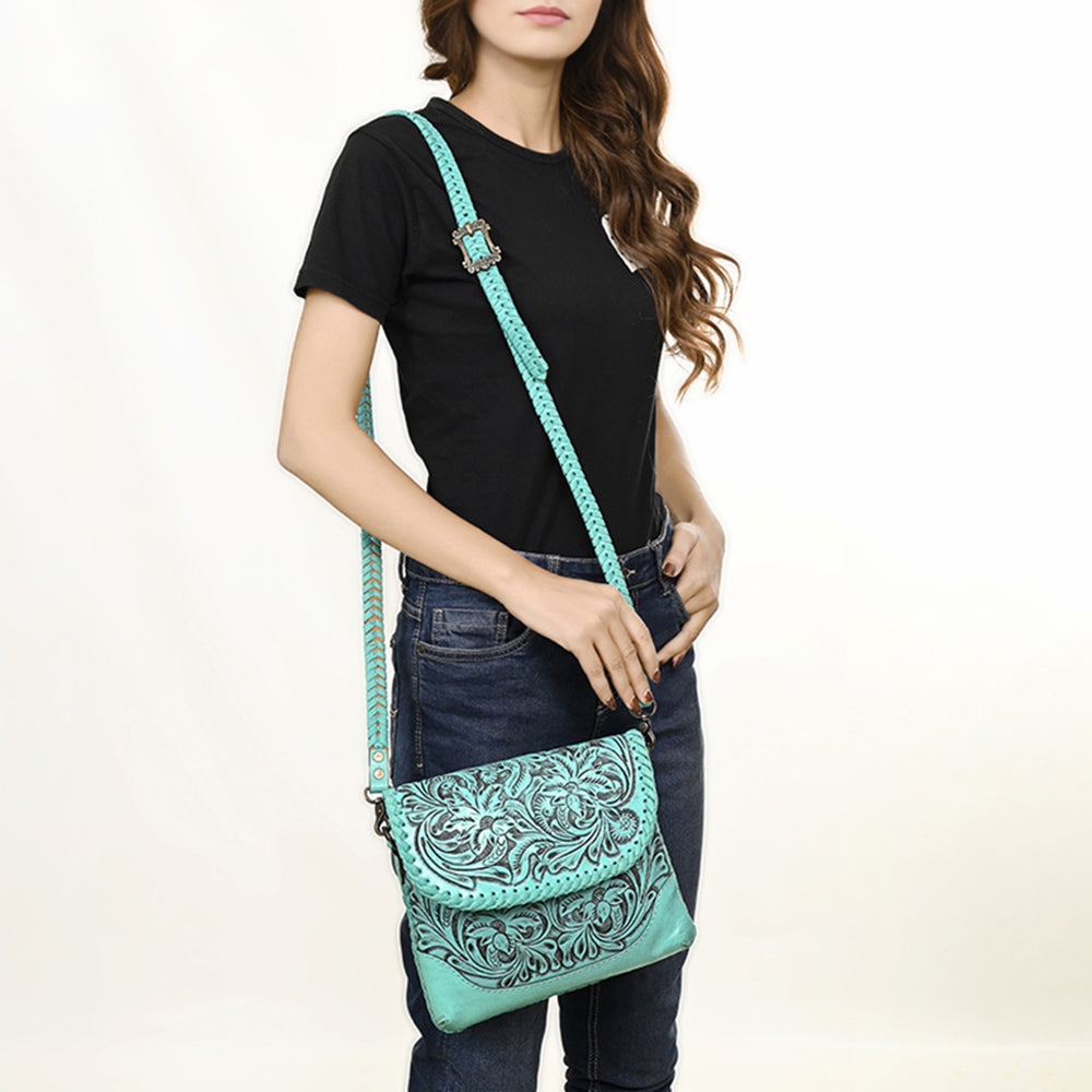 ADBG1108 American Darling Handcrafted Leather Western Crossbody Bag - Hand-Tooled Floral Carving with Genuine Leather