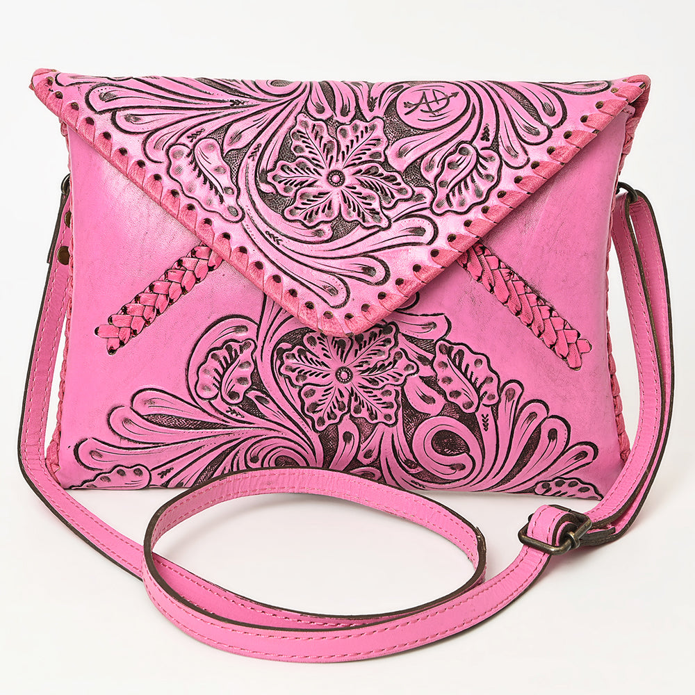 ADBG1109 American Darling Hand-Tooled Pink Genuine Leather Western Envelope Bag - Floral Carved Crossbody