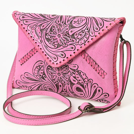 ADBG1109 American Darling Hand-Tooled Pink Genuine Leather Western Envelope Bag - Floral Carved Crossbody